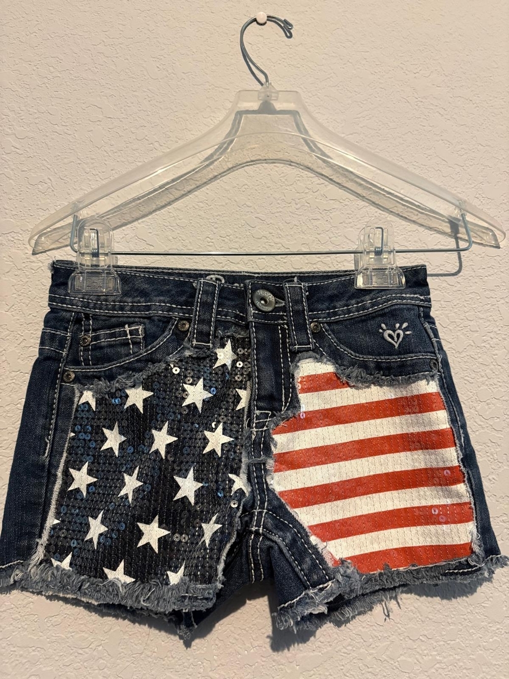 Justice Girls Flag Sequin Denim Shorts - Dark Blue, Red, White - Picture 4 of 5